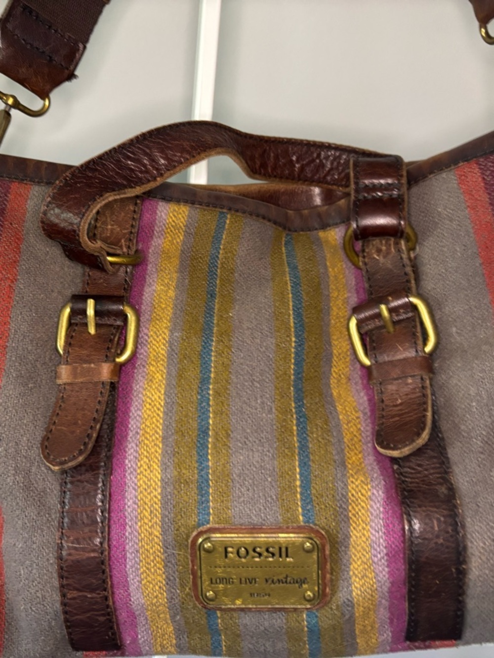Vintage Fossil Striped Fabric Crossbody with Brown Leather Trim - Picture 5 of 16